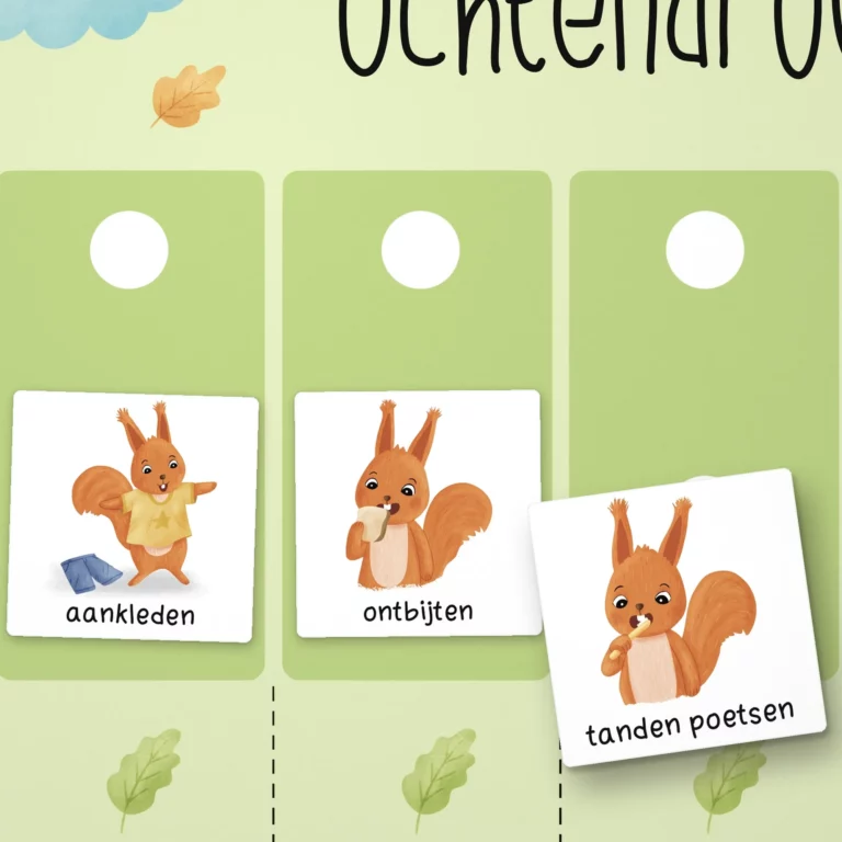 Close-up van de pictogramkaartjes aankleden, ontbijten en tanden poetsen