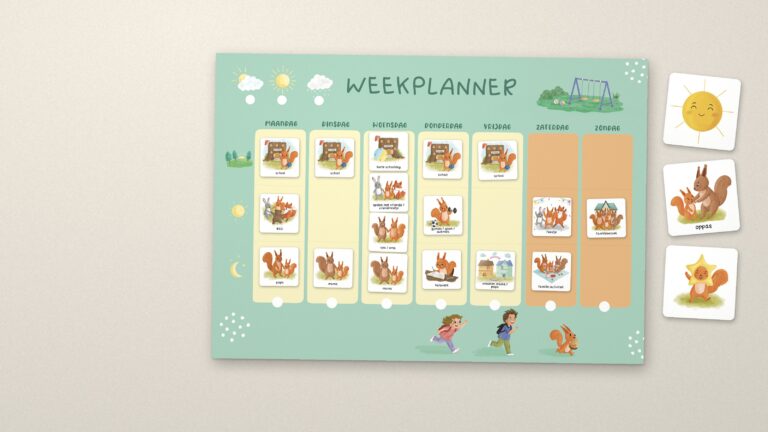 Weekplanner voor kinderen aan de muur, met losse pictogramkaartjes
