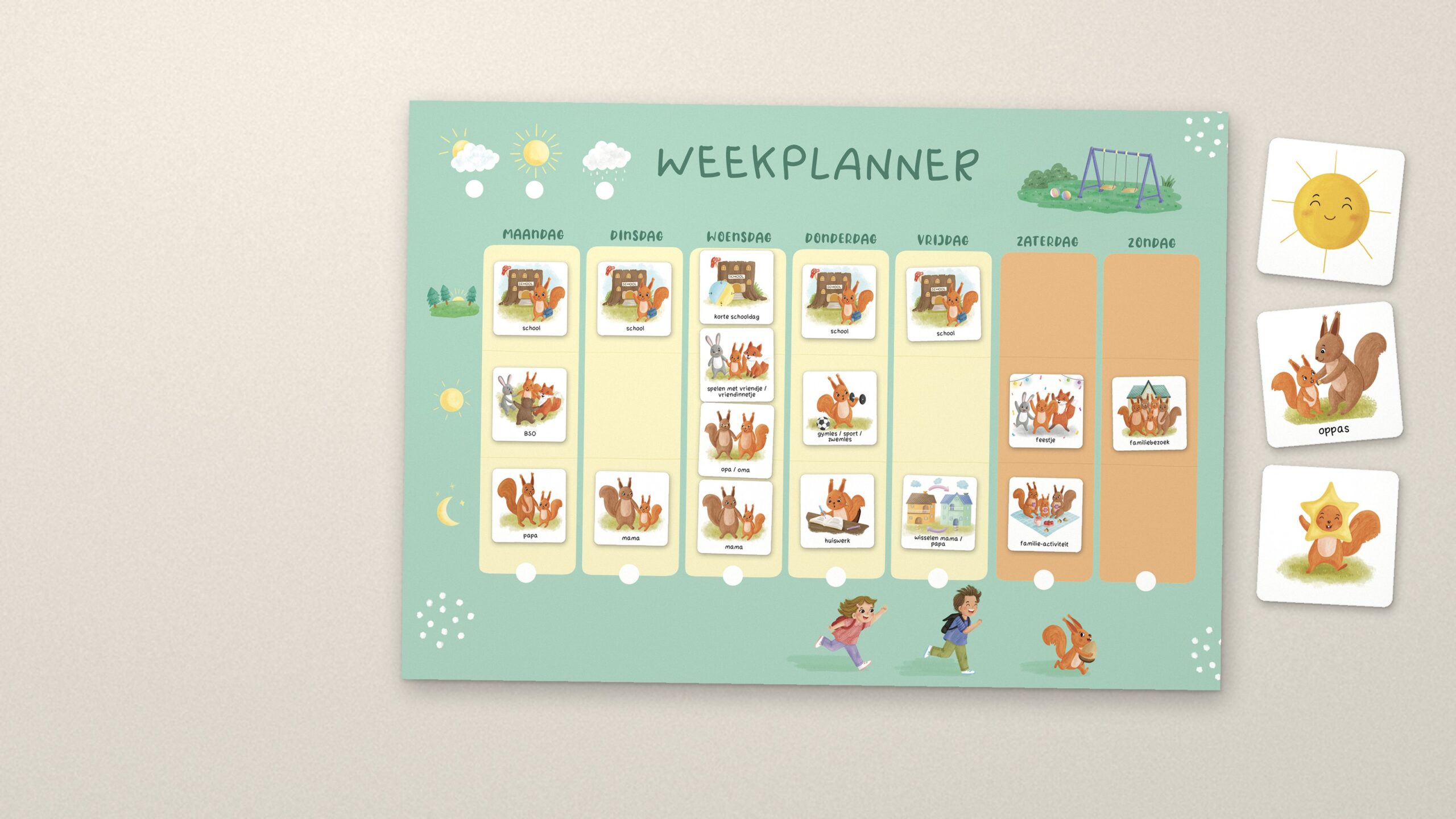 Weekplanner voor kinderen aan de muur, met losse pictogramkaartjes