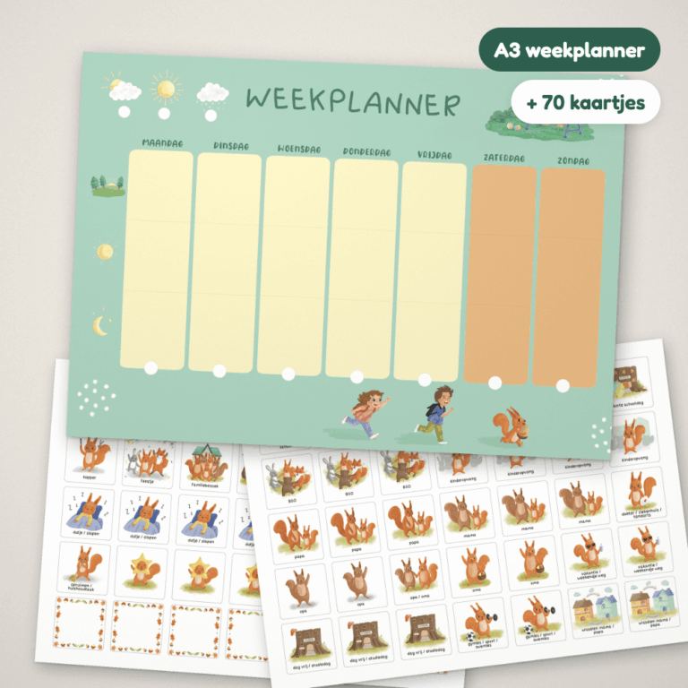 Inhoud van de set: A3-weekplanner en twee vellen met pictogramkaartjes