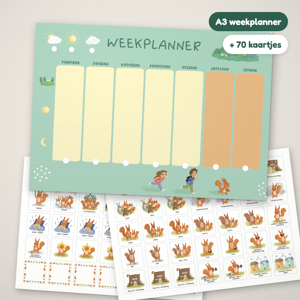 Inhoud van de set: A3-weekplanner en twee vellen met pictogramkaartjes