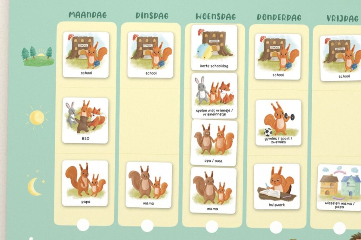 Weekplanner met pictogrammen voor school, BSO, papa en mama op maandag tot woensdag