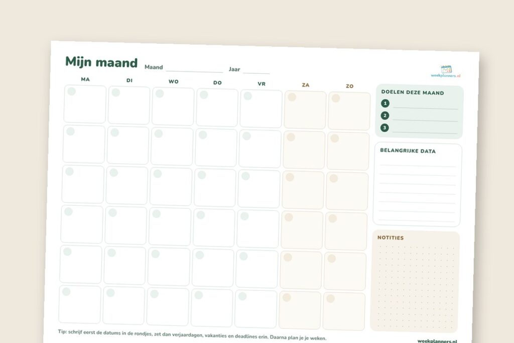 Gratis printbare maandplanner met doelen, belangrijke data en notities