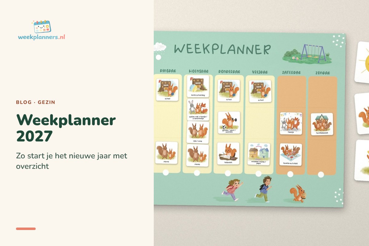 Weekplanner 2027: weekplanner aan de muur met losse pictogramkaartjes