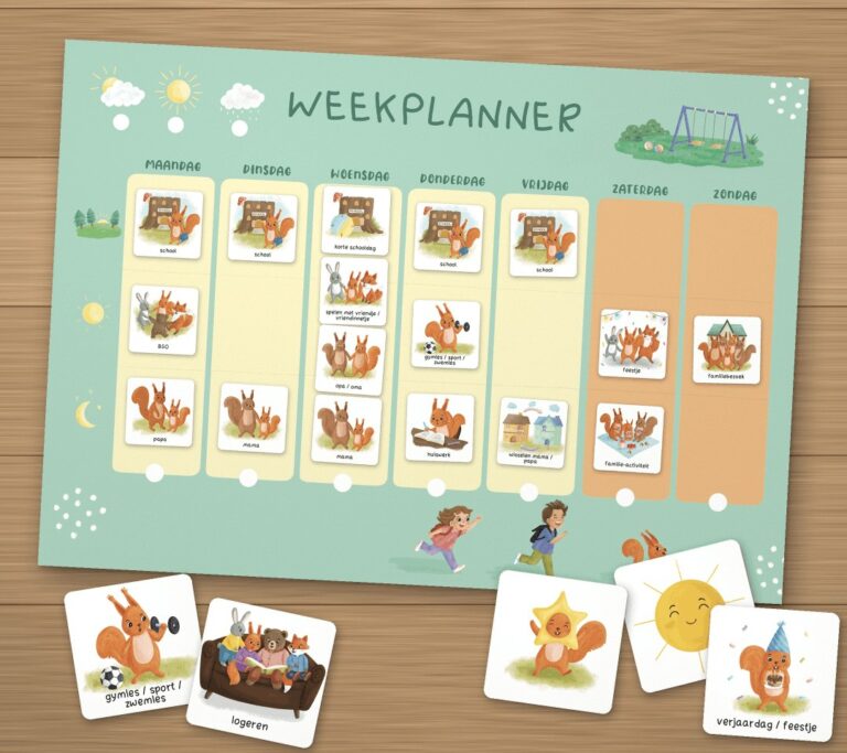 Weekplanner voor kinderen op een houten tafel, met pictogramkaartjes