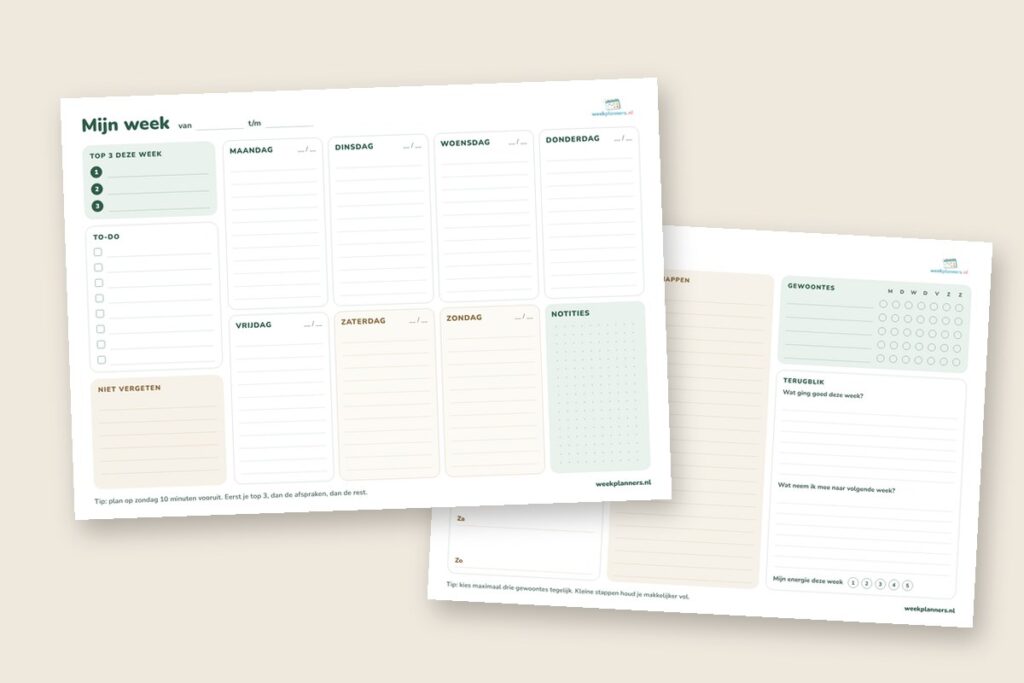 Gratis printbare weekplanner voor volwassenen: weekoverzicht en pagina met weekmenu, boodschappen en gewoontes